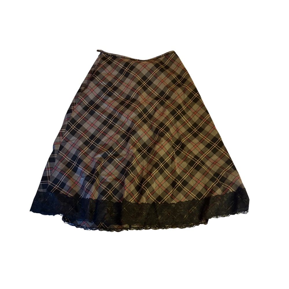 90s Grunge Grey Black Plaid Midi Skirt Lace Hem S/M